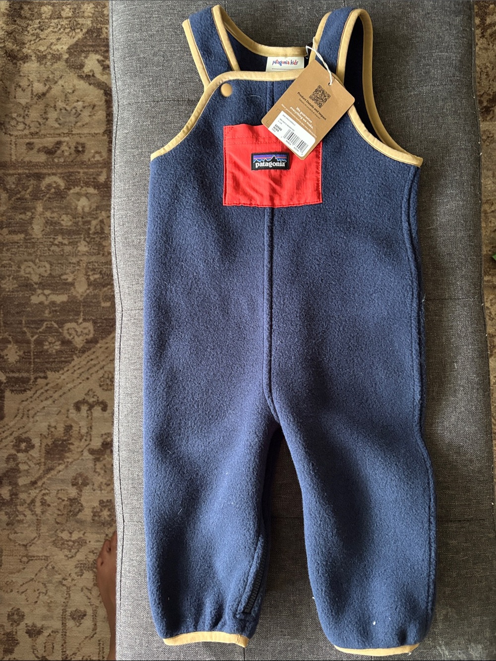 Patagonia Kids Synchilla Navy Fleece overalls with Red Pocket and Tan Trim
